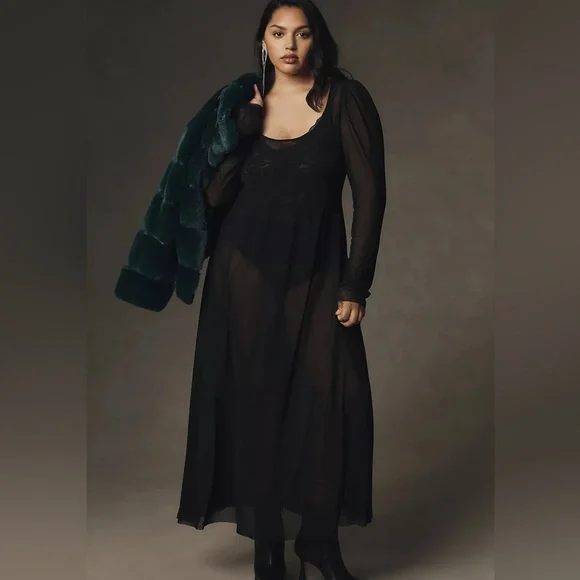 Anthropologie | Dresses | Nwt By Anthropologie Sheer Ruchedsleeve Midi Dress  In Black Size Xl | Poshmark